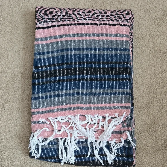 Pink and Blue Striped Blanket with Fringe - Picture 1 of 3